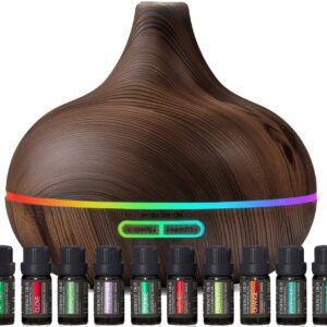 Ultimate Aromatherapy Diffuser & Essential Oil Set - Ultrasonic Diffuser & Top 10 Essential Oils - 300ml Diffuser with 4 Timer & 7 Ambient Light Settings - Therapeutic Grade Essential Oils Dark Oak