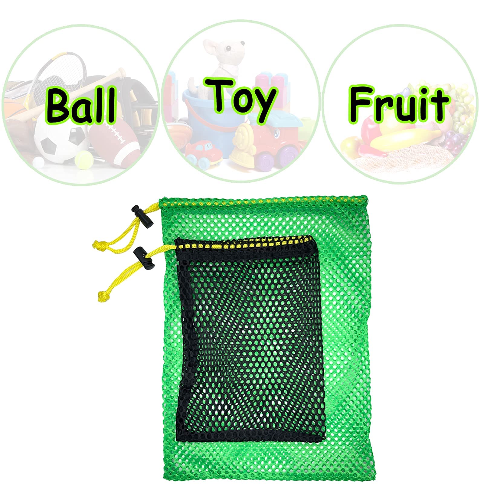 JKL Sports Mesh Bags,Durable Drawstring Bags,Multi-purpose Storage Nets-bags for travel & golf balls, Large & Small Combination Net Bags Golf accessories (Green & Black drawstring pockets)