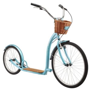 schwinn shuffle deluxe adult scooter, 26-inch front wheel, 20-inch rear wheel, alloy linear pull brakes, steel frame, teal