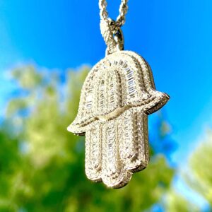 Shop-iGold Men's Hamsa Evil Eye Protector Men Women 925 Italy White Gold Finish Iced Silver Charm Pendant Stainless Steel Real 3 mm Rope Chain, Mans Jewelry, Iced Pendant, Rope Necklace 16"- 24" (24)