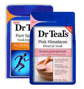 dr. teal's pure epsom salt soaking solution gift set (2 pack, 3lbs ea.) - restore & replenish with pink himalayan salt, pre & post workout with menthol - essential oils calm senses & relieve stress