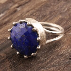 NOVICA Artisan Handmade Lapis Lazuli Cocktail Ring Sterling Silver Single Stone India Gemstone Birthstone [crownbezel 0.8 in L x 0.8 in W x 0.3 in H Band Width 3 mm W] ' Royalty in Blue'