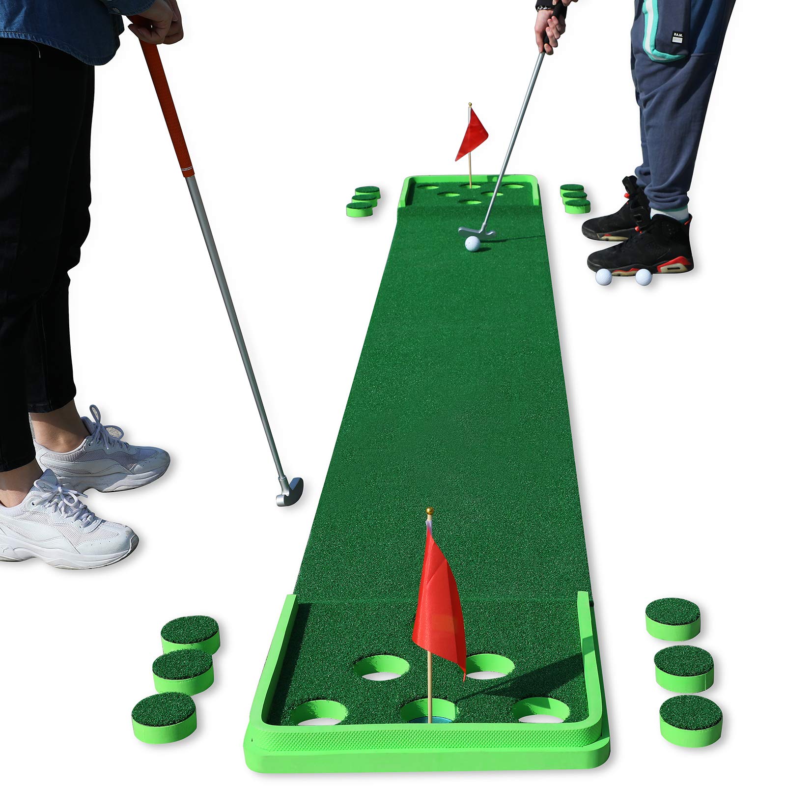 SPRAWL Golf Putting Mat Golf Practice Green 11.5 Feet Golf Pong Game 12 Holes Mat with 4 Balls for Indoor Short Game Office Backyard Use