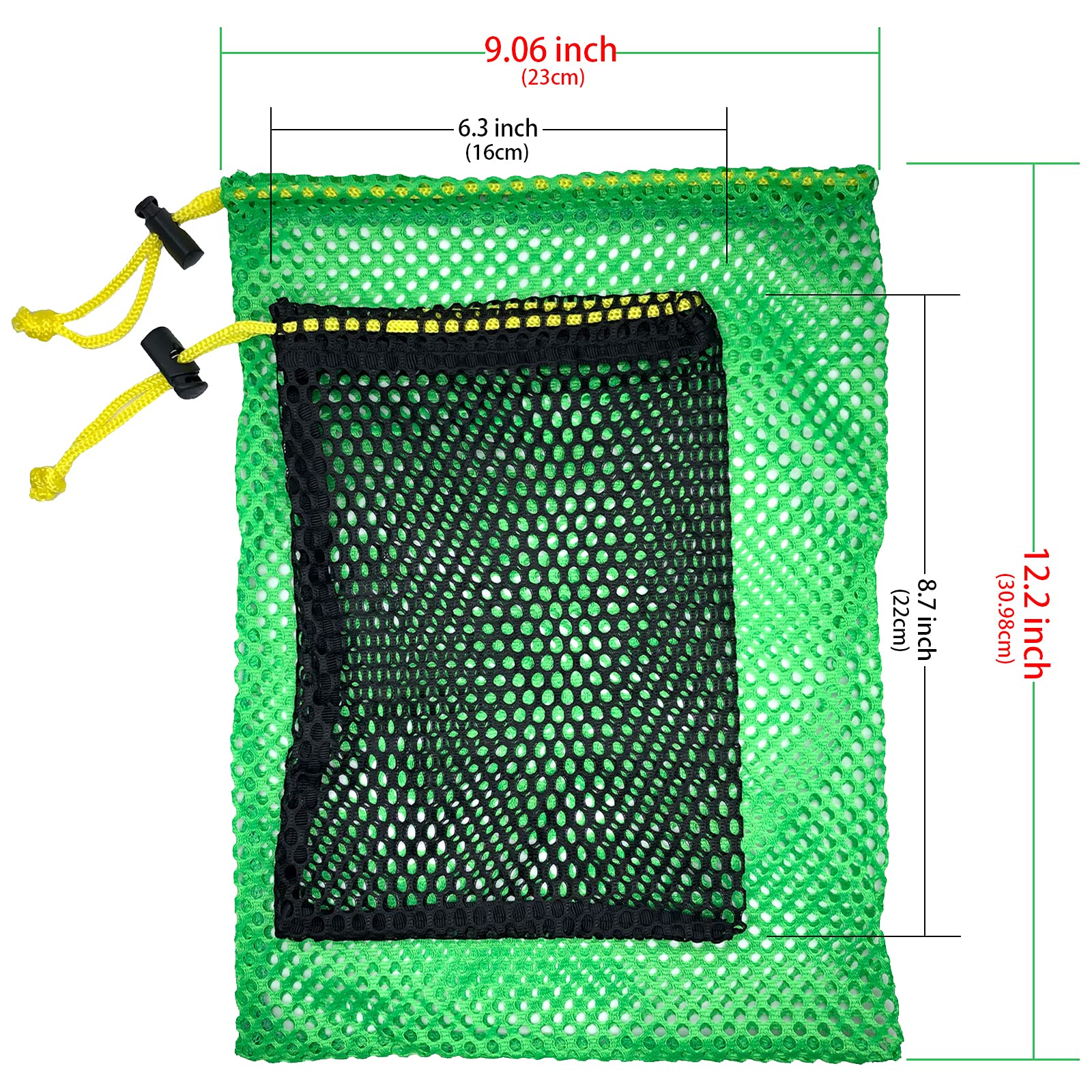 JKL Sports Mesh Bags,Durable Drawstring Bags,Multi-purpose Storage Nets-bags for travel & golf balls, Large & Small Combination Net Bags Golf accessories (Green & Black drawstring pockets)