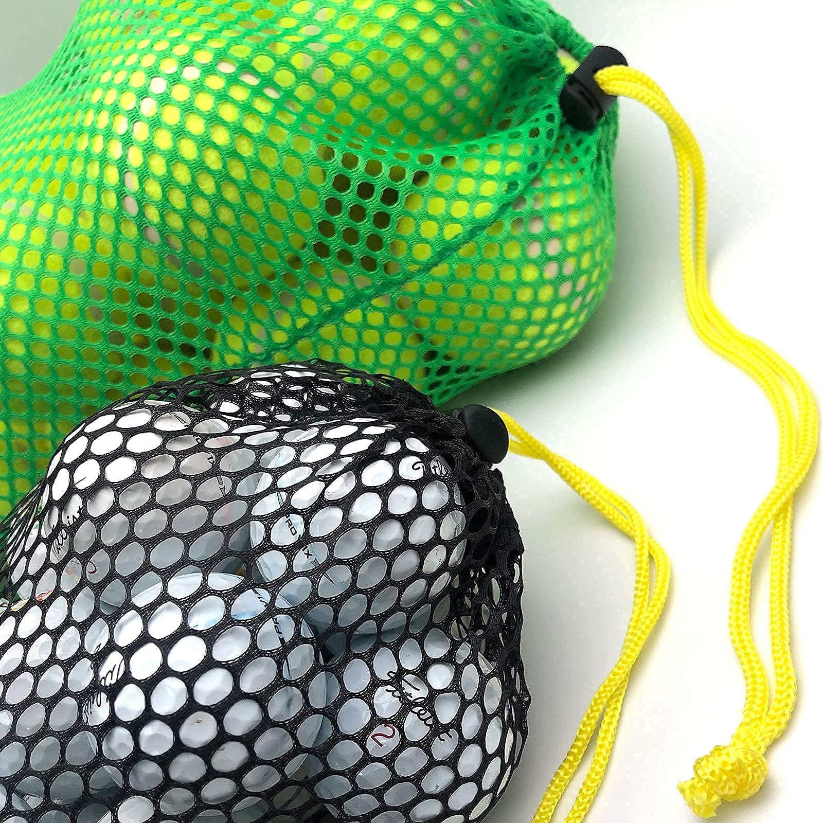 JKL Sports Mesh Bags,Durable Drawstring Bags,Multi-purpose Storage Nets-bags for travel & golf balls, Large & Small Combination Net Bags Golf accessories (Green & Black drawstring pockets)