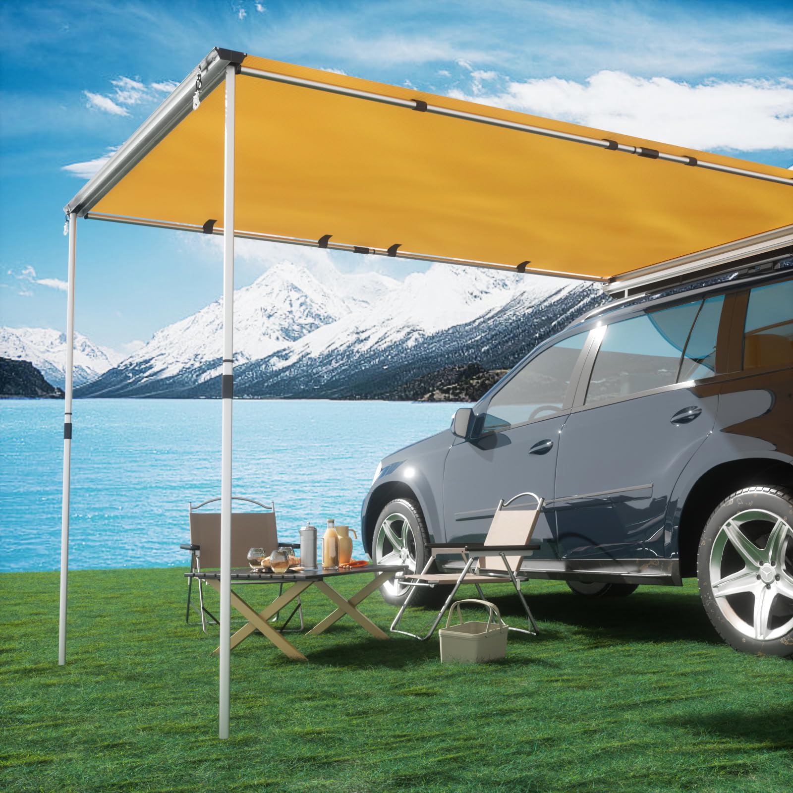 TIMBER RIDGE Car Awning Camper Awning 8.2X6.5ft Truck Awning Overland Camping, Retractable Side Awning Waterproof PU10000mm UV50+ Rooftop Awning Tent Shade for Car/SUV/Truck/Van, Beige