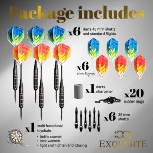 CC-Exquisite Professional Steel Tip Darts Set - 6 x 22g Brass Barrels with 12 Flights Standard/Slim, 12 Aluminum Shafts 35/48mm, 12 O-Rings, Dart Tool (‎Black - Luminary 18g/22)