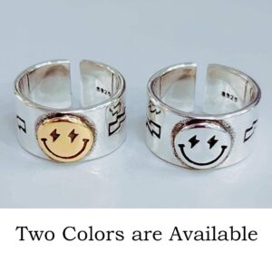 Woent Statement Smiling Face Rings Vintage Band Adjustable Bands Smiley Wide Rings Jewelry for Women (Gold)