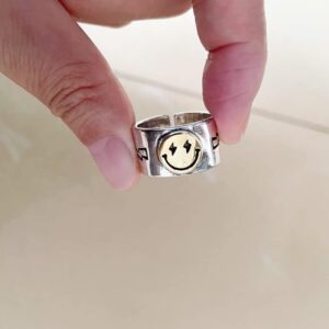 Woent Statement Smiling Face Rings Vintage Band Adjustable Bands Smiley Wide Rings Jewelry for Women (Gold)