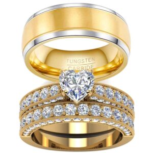 2 Rings His and Hers Couple Rings Bridal Sets Yellow Gold Plated Heart Cz Womens Wedding Ring Sets Tungsten carbide Man Wedding Bands