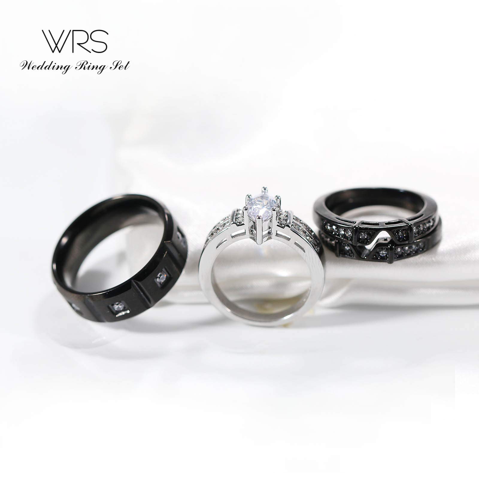 Two Rings His Hers Wedding Ring Sets Couples Matching Rings Women's 2pc Black Gold Plated White CZ Wedding Engagement Ring Bridal Sets Men's Titanium Band Wedding Band