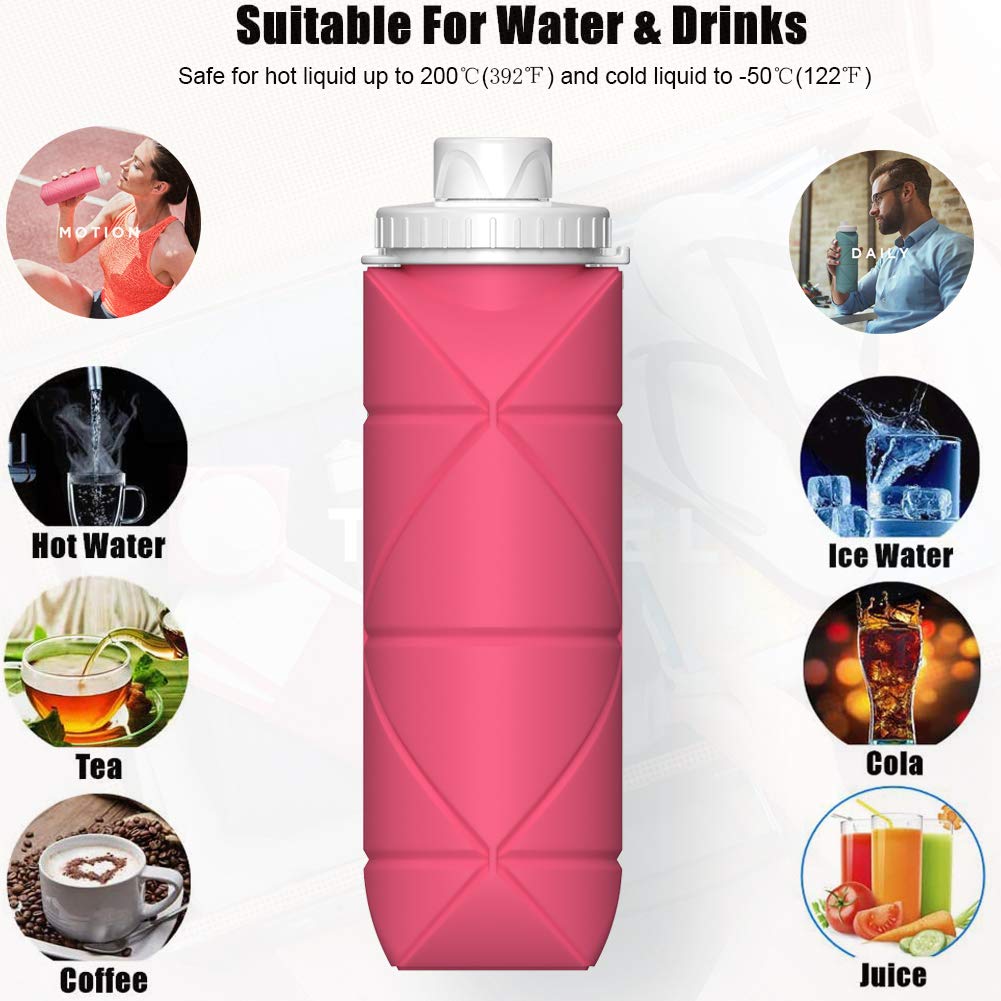 SPECIAL MADE Collapsible Water Bottles Cups Leakproof Valve Reusable BPA Free Silicone Foldable Travel Water Bottle Cup for Gym Camping Hiking Travel Sports Lightweight Durable (pink)