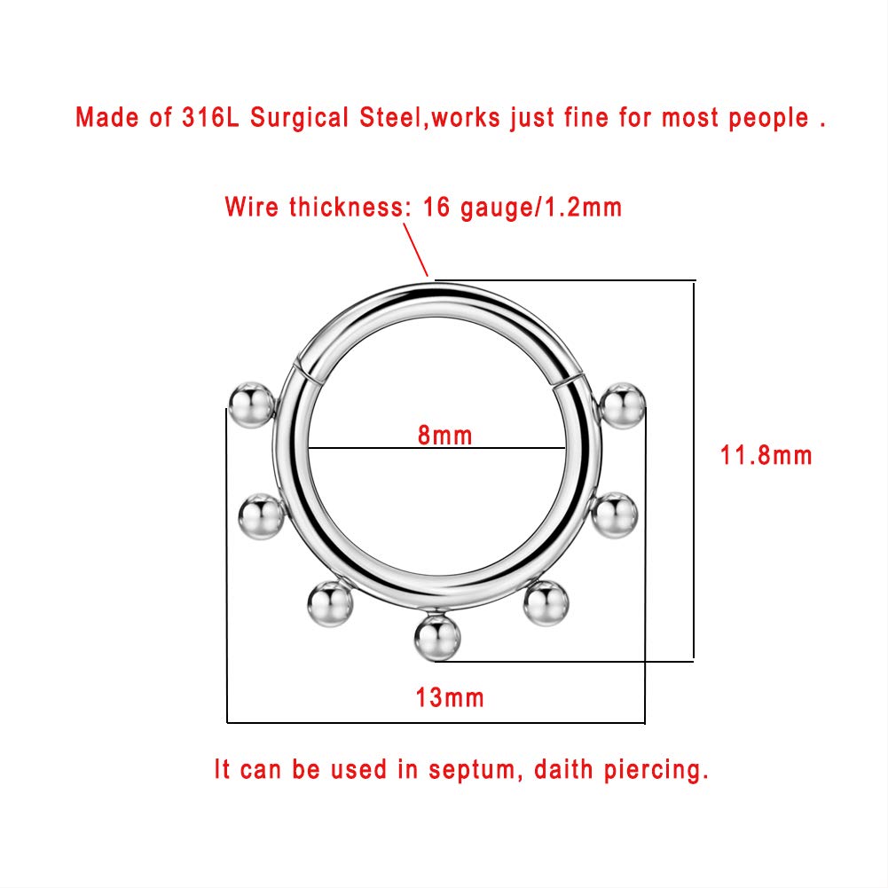 FANSING 316L Surgical Steel Septum Ring 16g 8mm Septum Jewelry 16 Gauge Beaded Septum Clicker 5/16" Septum Daith Piercing Jewelry