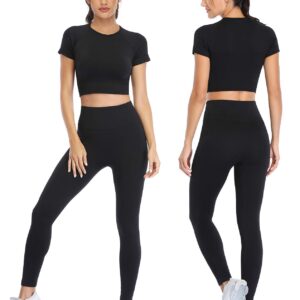 PINKSAVIOR Workout Sets for Women Two Piece Outfits Seamless High Waist Leggings Yoga Crop Tops Athletic Sports Gym Sets(P005M-Black