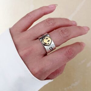 Woent Statement Smiling Face Rings Vintage Band Adjustable Bands Smiley Wide Rings Jewelry for Women (Gold)