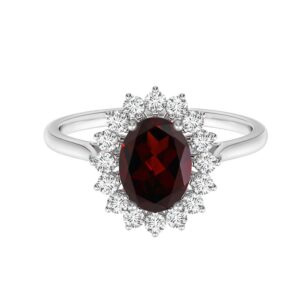 princess diana inspired 925 sterling silver oval cut garnet gemstone halo accents floral ring (5.5)