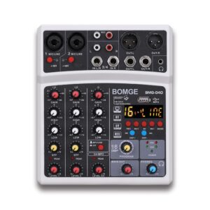 BOMGE 4 Channel dj Bluetooth Audio Mini Mixer with Effects, USB Interface, Stereo Recording, 48V Phantom Power for PC,phone(White)