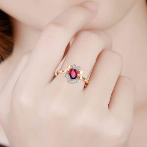 KnBoB Women Flowers Oval Shape 0.6ct Ruby Ring 18K Rose Gold Promise Wedding Engagement Bridal Anniversary Ring Size 7