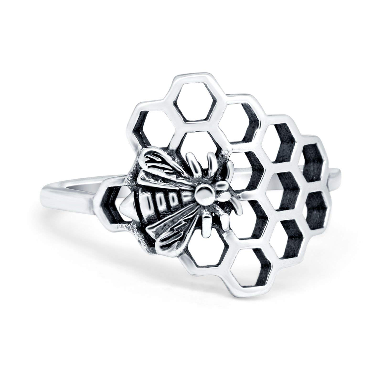 Blue Apple Co. Sterling Silver Size-9 Bee and Honeycomb Ring Band Oxidized 925 Sterling Silver