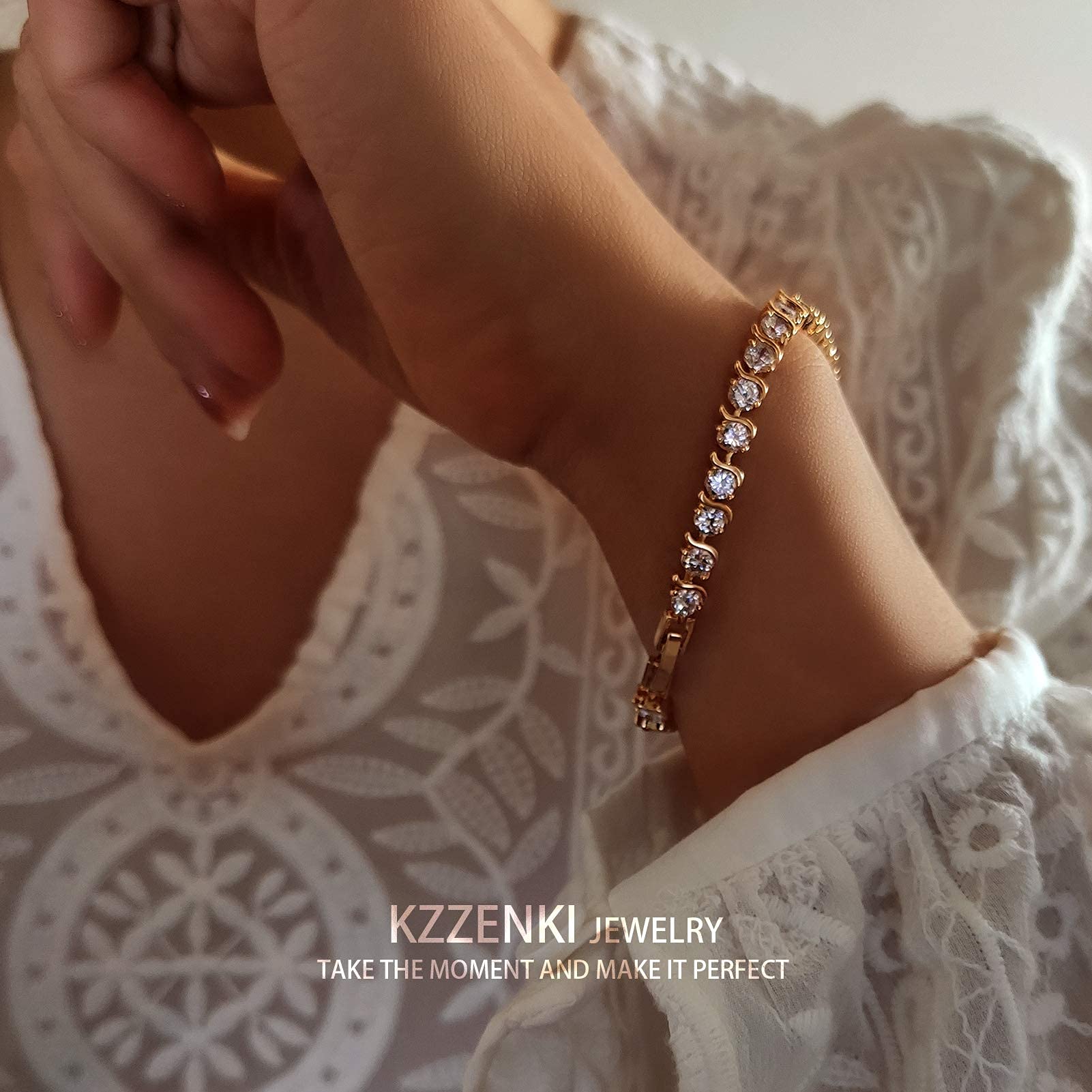 KZZENKI Mothers Day Gifts Gold Tennis Bracelets for Women Gold Bracelet 14K Plated Cubic Zirconia Bracelets for Women, Wedding Bracelets for Brides