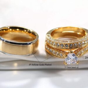 2 Rings His and Hers Couple Rings Bridal Sets Yellow Gold Plated Heart Cz Womens Wedding Ring Sets Tungsten carbide Man Wedding Bands