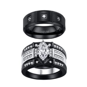 Two Rings His Hers Wedding Ring Sets Couples Matching Rings Women's 2pc Black Gold Plated White CZ Wedding Engagement Ring Bridal Sets Men's Titanium Band Wedding Band