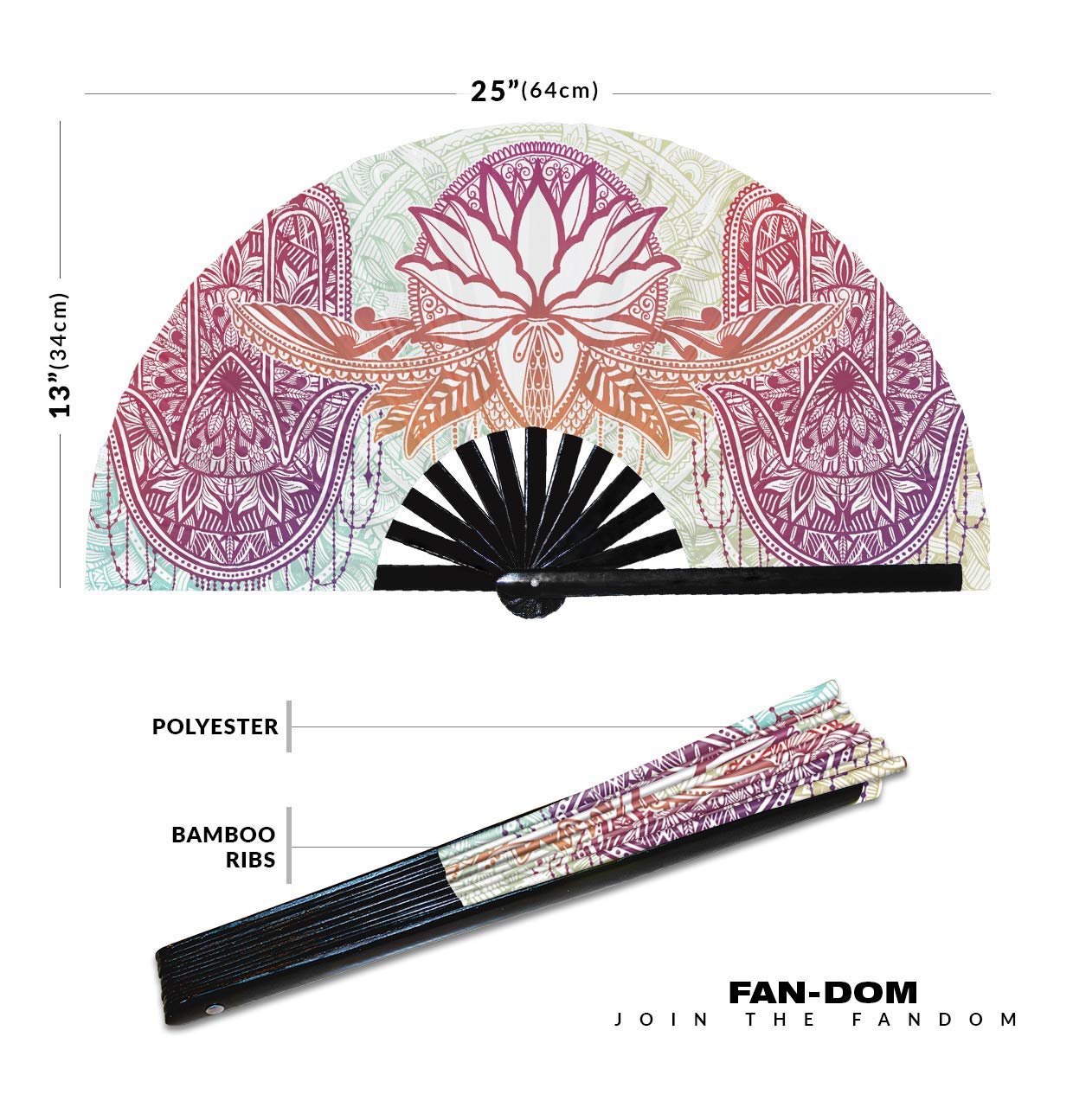 Bohemian Lotus Zen UV Glow Folding Hand Fan Boho Mandala Fan Trippy Yoga Fans Iridescent Hippie Theme Fan for Men and Women Chinese Bamboo Fan for Parties and Events