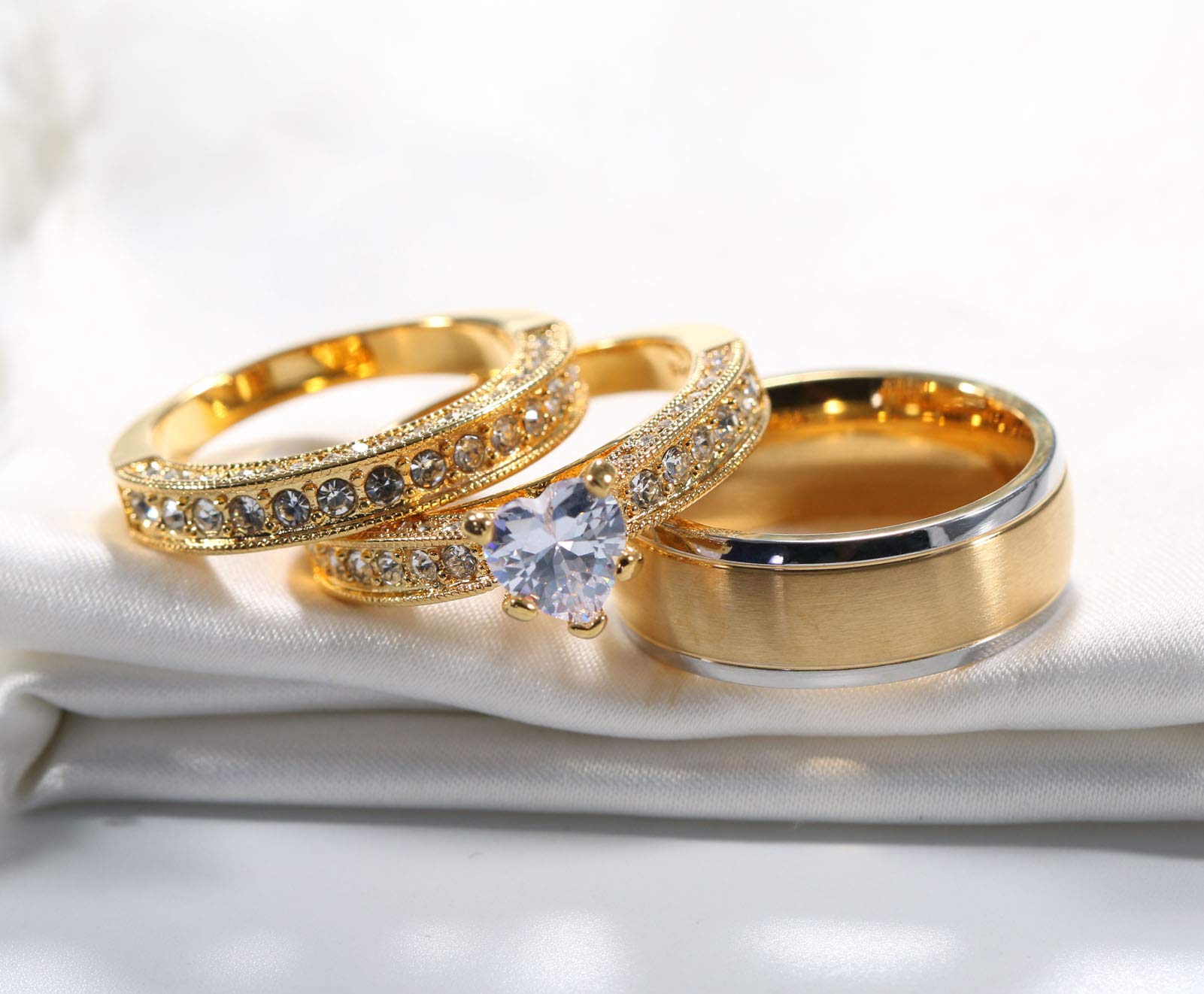 2 Rings His and Hers Couple Rings Bridal Sets Yellow Gold Plated Heart Cz Womens Wedding Ring Sets Tungsten carbide Man Wedding Bands