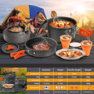 Camping Cooking Set Camping Cookware Outdoor Aluminum Mess Kit with Frying Pan, Pot with Lid, 1.2L Kettle Set and 2 Stainless Steel Plate, 2 Folding Cups and 2 Set Knives Spoons for Backpacking Picnic