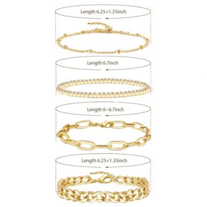 Gold Bracelets for Women14K Gold Plated Dainty Link Paperclip Bracelet Stack Gold Small Ball Beads Bracelets Adjustable Layered Metal Link Bracelet