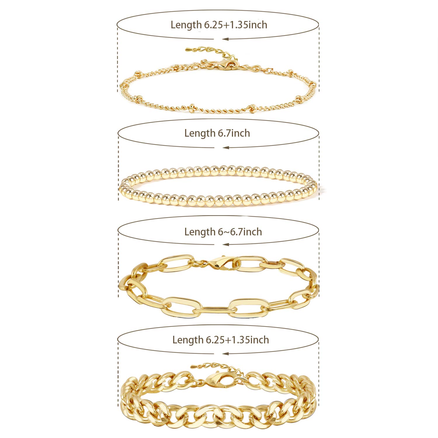 Gold Bracelets for Women14K Gold Plated Dainty Link Paperclip Bracelet Stack Gold Small Ball Beads Bracelets Adjustable Layered Metal Link Bracelet