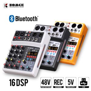 BOMGE 4 Channel dj Bluetooth Audio Mini Mixer with Effects, USB Interface, Stereo Recording, 48V Phantom Power for PC,phone(White)