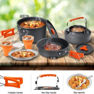 Camping Cooking Set Camping Cookware Outdoor Aluminum Mess Kit with Frying Pan, Pot with Lid, 1.2L Kettle Set and 2 Stainless Steel Plate, 2 Folding Cups and 2 Set Knives Spoons for Backpacking Picnic