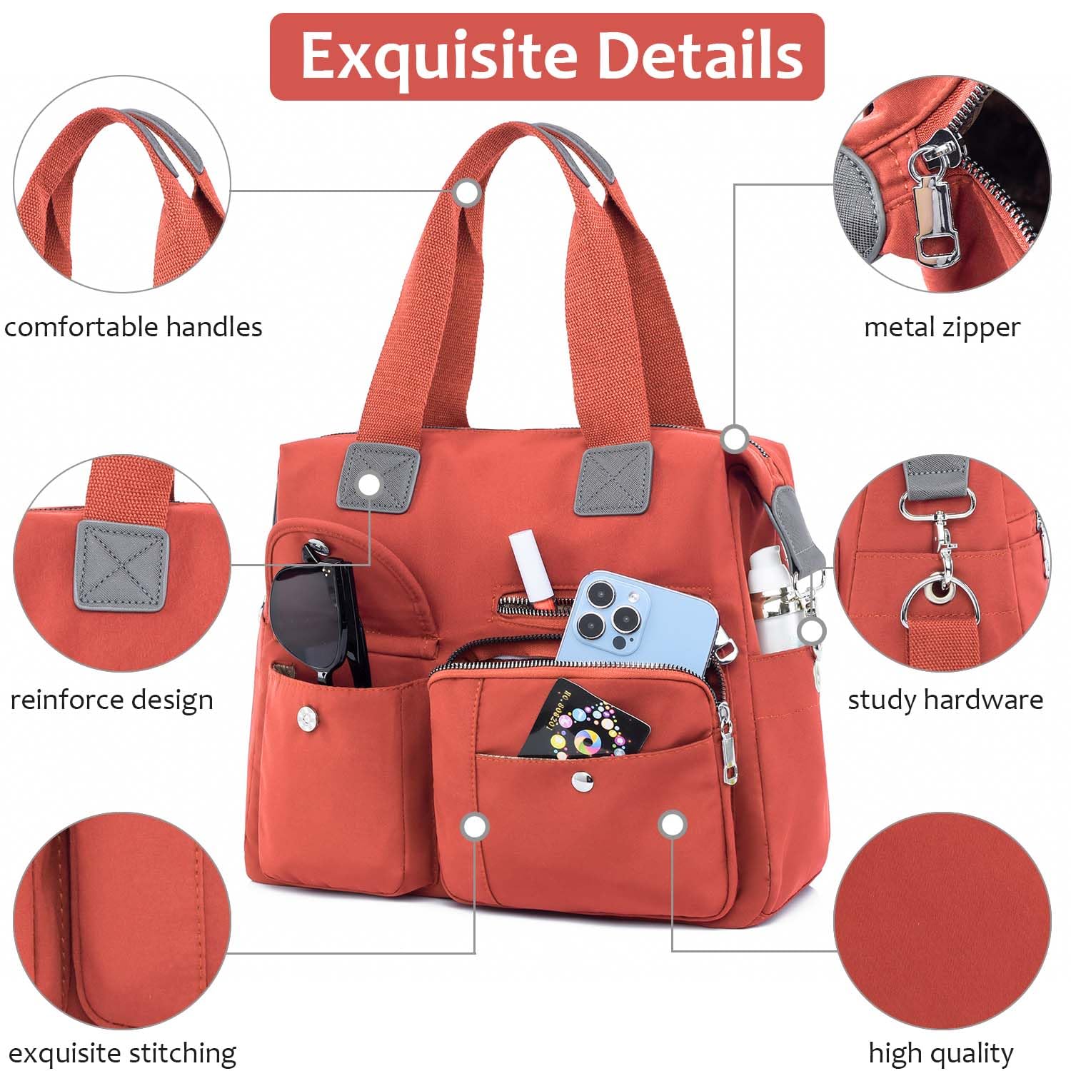 Women Utility Tote Bag Teacher Purses and Handbags for Nurses Waterproof Nylon Multi Pocket Shoulder Bags Work Bag Tote (Orange) Large