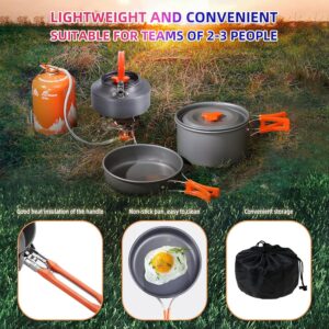 Camping Cooking Set Camping Cookware Outdoor Aluminum Mess Kit with Frying Pan, Pot with Lid, 1.2L Kettle Set and 2 Stainless Steel Plate, 2 Folding Cups and 2 Set Knives Spoons for Backpacking Picnic