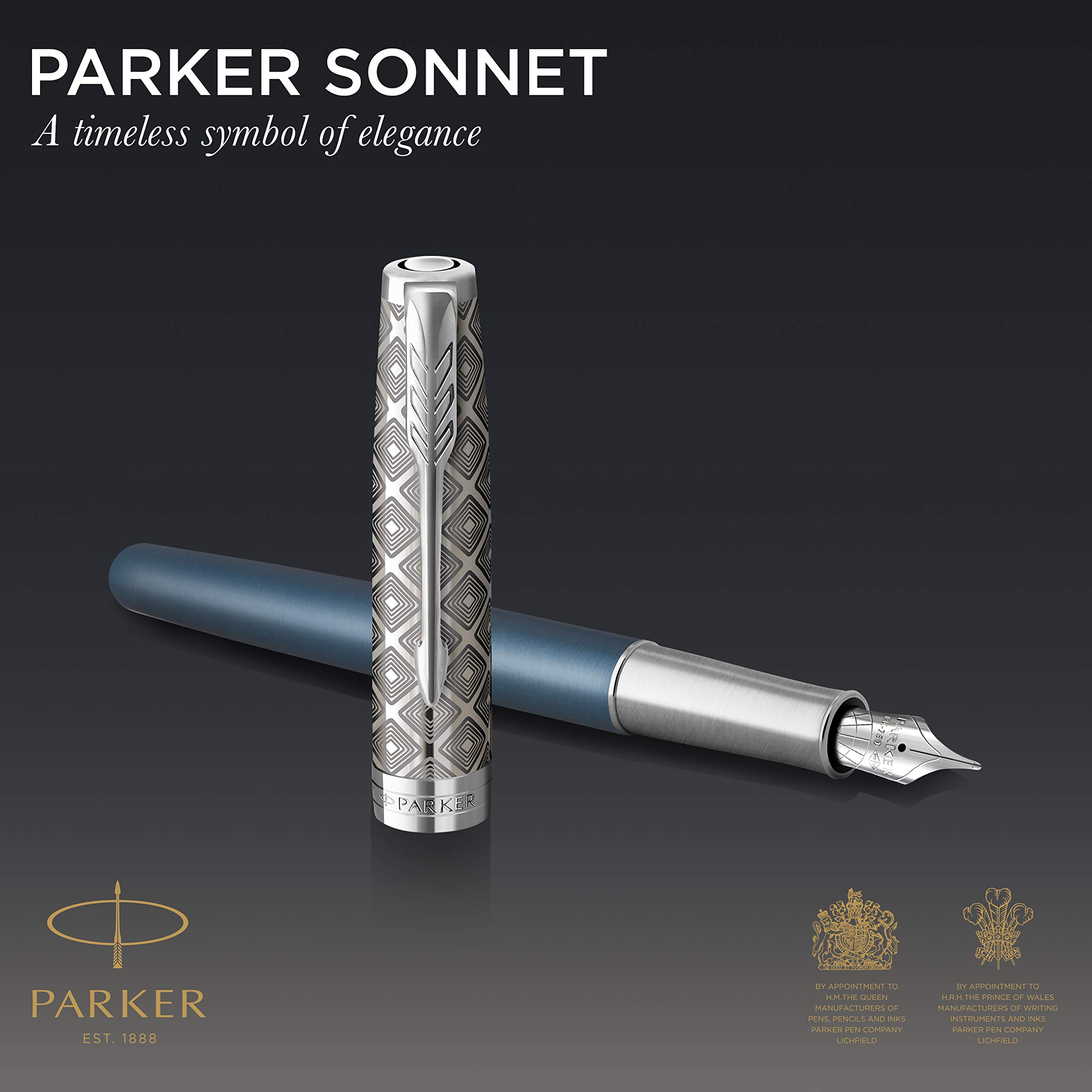 PARKER Sonnet Fountain Pen | Premium Metal and Blue Satin Finish with Chrome Trim | Fine 18k Gold Nib with Black Ink Cartridge | Gift Box