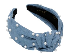 yetasi denim blue pearl knotted headband for women. comfy soft fabric top knot headband. light blue jean headband for women fashion gets compliments.