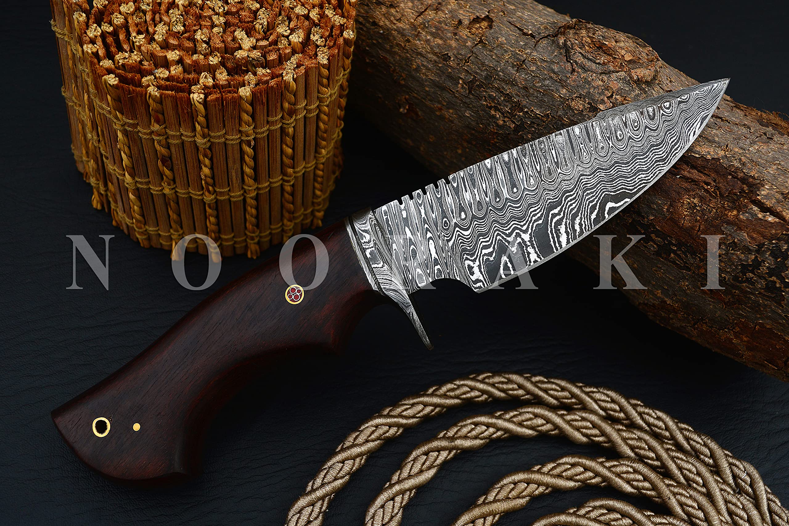 SBK162 Custom Handmade Damascus Steel Knife - Full Tang Rosewood Handle, with Leather Sheath 10inches