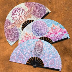 bohemian lotus zen uv glow folding hand fan boho mandala fan trippy yoga fans iridescent hippie theme fan for men and women chinese bamboo fan for parties and events