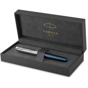 parker sonnet fountain pen | premium metal and blue satin finish with chrome trim | fine 18k gold nib with black ink cartridge | gift box