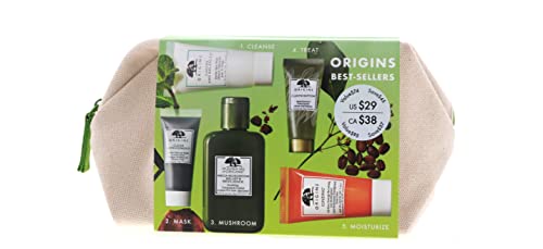 Origins Best Sellers Set for Women - 5 Pc 1oz Checks Face Wash, 3.8oz Lotion, 0.5oz Clear Charcoal Face Mask,1.62oz Serum, 1.69oz Moisturizer