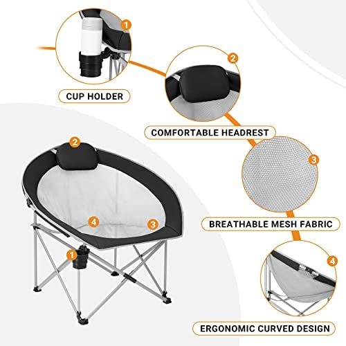 FUNDANGO Oversized Folding Camping Chair Moon Chair for Adults with Headrest, Cup Holder, Carry Bag, Portable Round Chair for Outdoor Hiking, Fishing, Picnic, Camp, Lawn