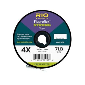 rio products fly fishing tippet, fluoroflex strong leader, 100% fluorocarbon, 30yd spool, 5.2lb (2.4kg) test, 006in (.152mm) diameter