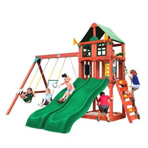 Gorilla Playsets 01-1057 Playmaker Deluxe Wooden Swing Set with Vinyl Canopy Roof, Dual Wave Slides, and Rock Climbing Wall, Redwood Stained Cedar (Amazon Exclusive)