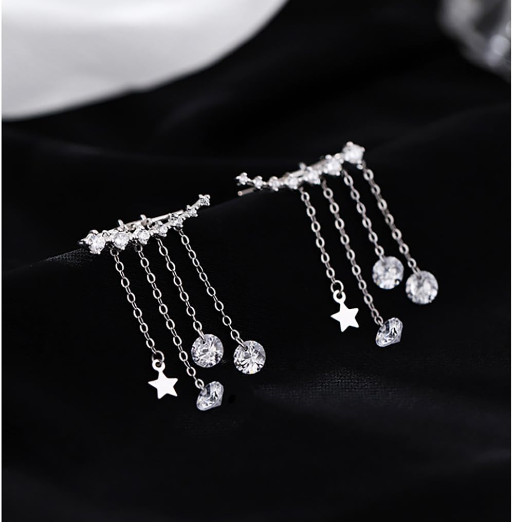 Reffeer Solid 925 Sterling Silver Crawler Earrings Tassel Chain Dangle for Women 7 Crystal Cuff Earrings Chain Wraps Climber