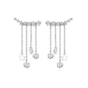 Reffeer Solid 925 Sterling Silver Crawler Earrings Tassel Chain Dangle for Women 7 Crystal Cuff Earrings Chain Wraps Climber