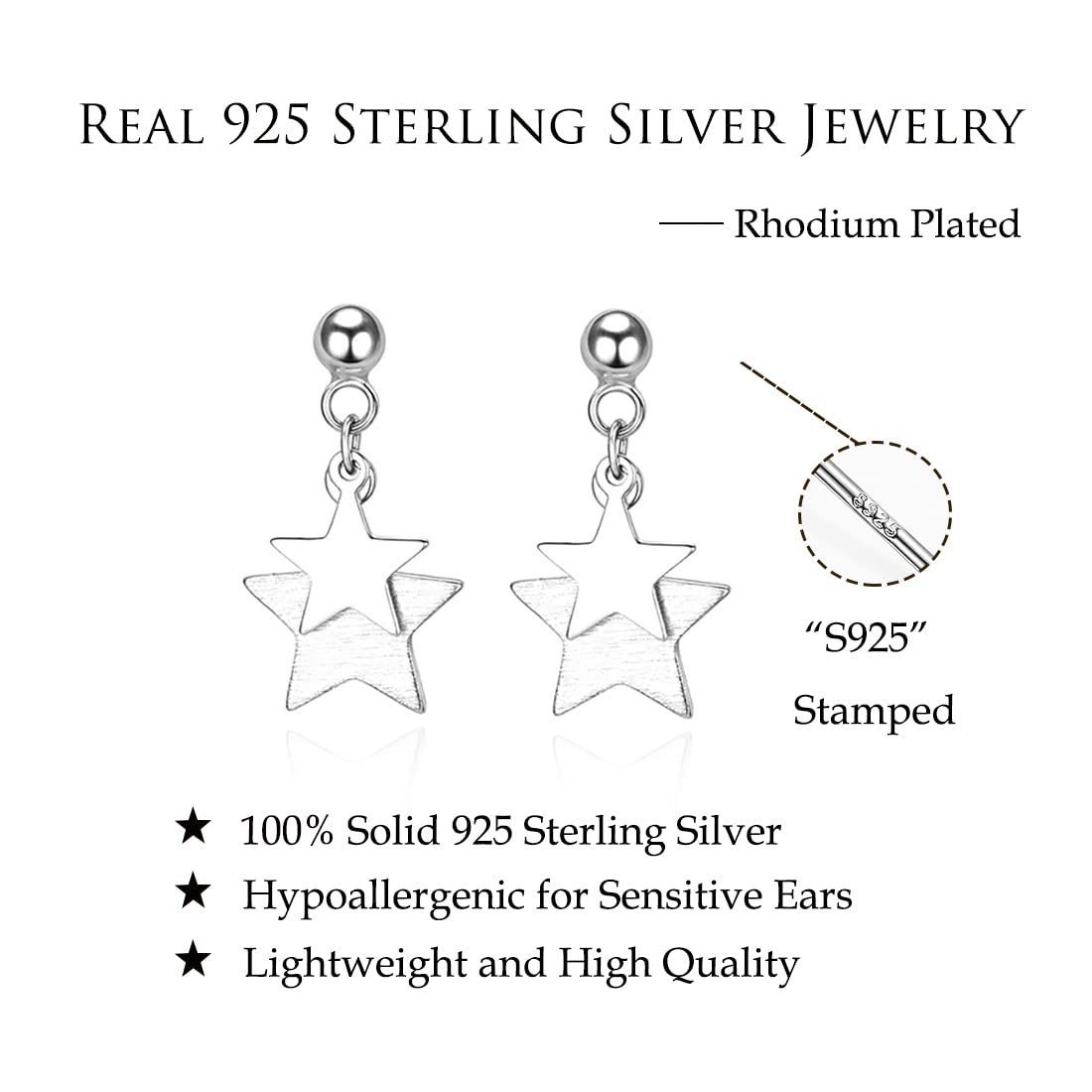 Reffeer Solid 925 Sterling Silver Double Star Stud Earrings for Women Small Star Stud Earrings Drops (A-Silver)