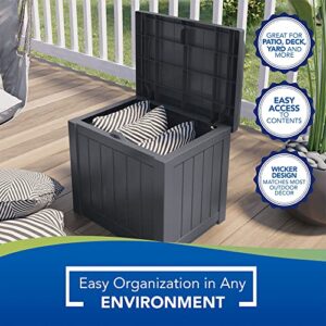 Suncast 22 Gallon Indoor or Outdoor Backyard Patio Small Durable Plastic Storage Deck Box with Attractive Bench Seat and Reinforced Lid, Cyberspace