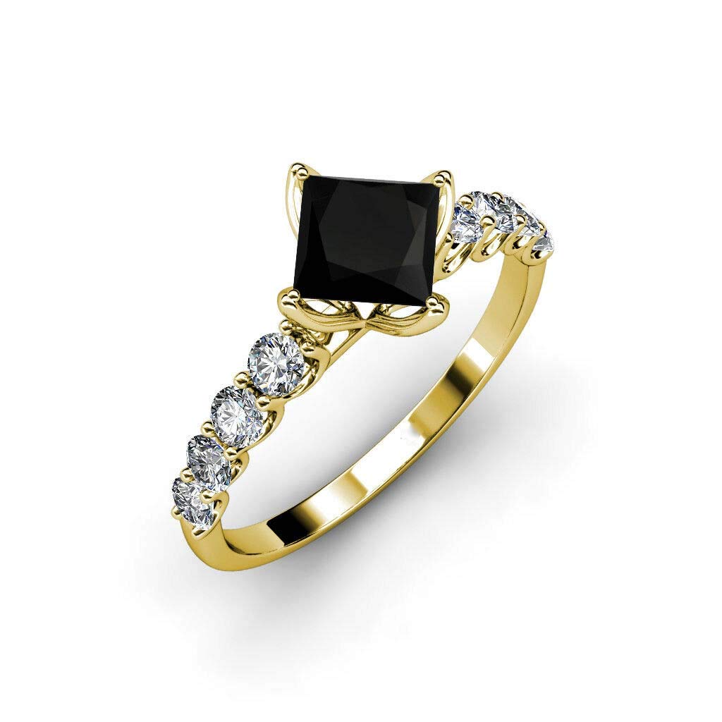 Princess Cut & Round Cut Black Diamond & Cubic Zirconia 14k Yellow Gold Platted 925 Sterling Silver Engagement Ring for Women (5.5)