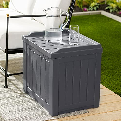 Suncast 22 Gallon Indoor or Outdoor Backyard Patio Small Durable Plastic Storage Deck Box with Attractive Bench Seat and Reinforced Lid, Cyberspace